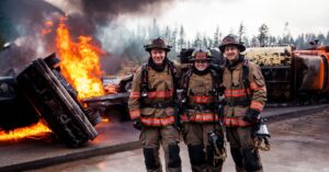 Three firefighters posing in front of training fire
