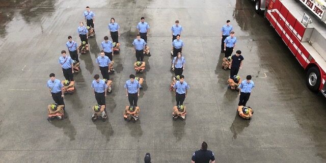 Firefighter cadets at training center