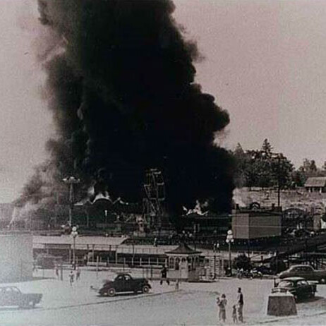 Historical image of building fire